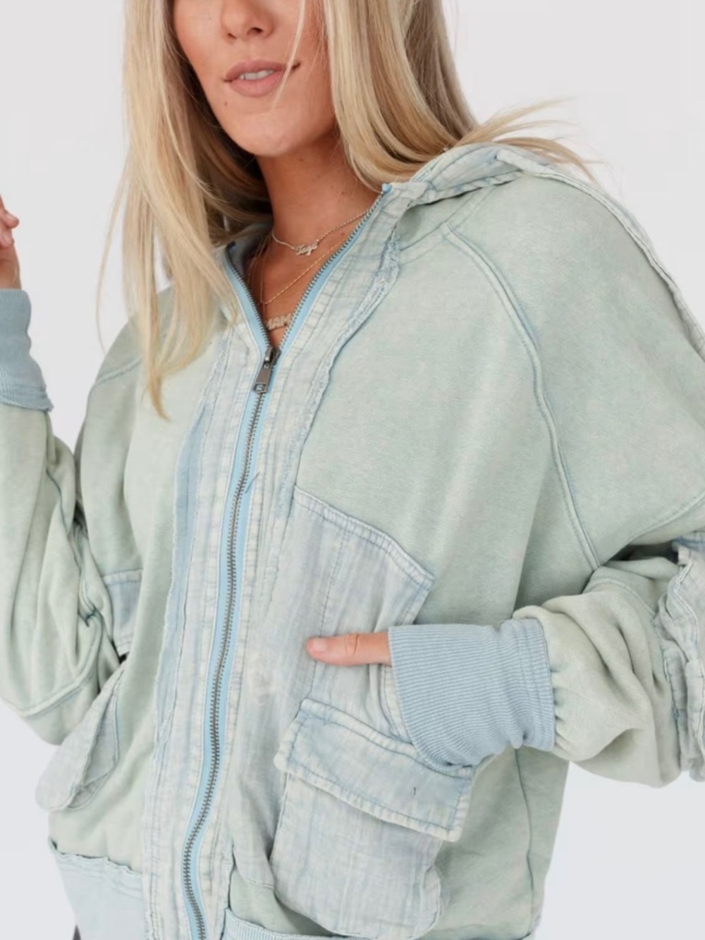 Light Seafoam Green Zip-Up Hooded Jacket